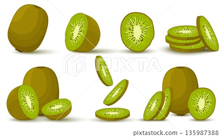 Kiwi. Set of whole, slice, half of a kiwi fruit isolated on white background. Vector icon , flat design Kiwi. Set of whole, slice, half of a kiwi fruit isolated on white background. Vector icon , flat design 135987388