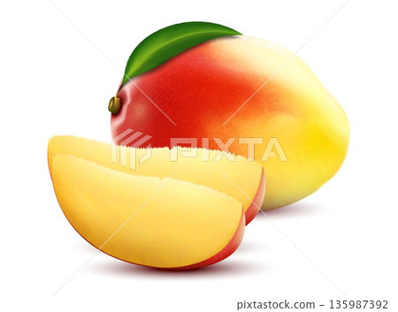Mango fruits. Sweet fruits. Whole and slice mango fruit with leaf, 3D realistic isolated vector, editable handmade mesh 135987392