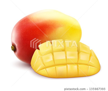 Mango whole and sliced mango cubes isolated on white background . Sweet fruits. 3d vector icons set. Realistic vector illustration, editable handmade grid 135987393