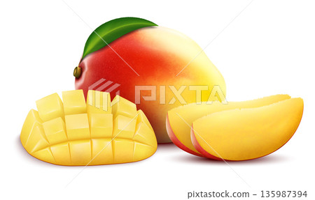 Mango whole and sliced mango cubes isolated on white background . Sweet fruits. 3d vector icons set. Realistic vector illustration, editable handmade grid 135987394