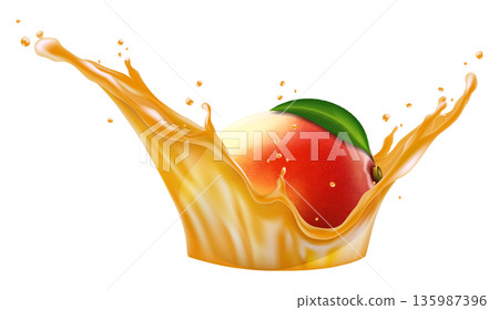 Mango fruits with leaves in splashes of juice with drops, 3d realistic vector illustration isolated on white background Mango fruits with leaves in splashes of juice with drops, 3d realistic vector illustration isolated on white background 135987396