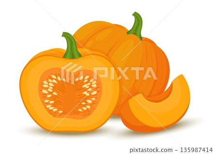 Pumpkin set. Orange pumpkins whole half and a piece with seeds. Autumn harvest. For halloween and thanksgiving day design. Flat vector cartoon elements Pumpkin set. Orange pumpkins whole half and a piece with seeds. Autumn harvest. For halloween and thanksgiving day design. Flat vector cartoon elements 135987414