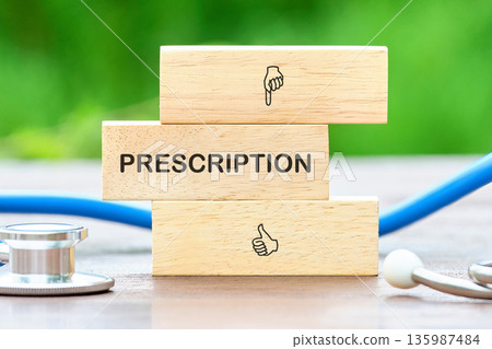 Wooden blocks on a tabletop feature PRESCRIPTION, framed by pointing and thumbs-up hand gestures, symbolizing clear medical direction Wooden blocks on a tabletop feature PRESCRIPTION, framed by pointing and thumbs-up hand gestures, symbolizing clear medical direction 135987484