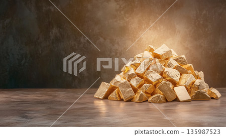 Pile of gold bars on stone surface with dramatic lighting 135987523