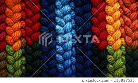 Colorful braided yarn. Bright textured background for knitting and craft concepts 135987535