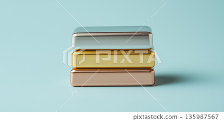 Metallic bars stack on blue background. Gold, silver, and copper production and investments 135987567