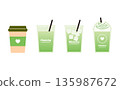 Vector illustration set of cafe takeaway matcha latte and matcha frappe in cups with straws. 135987672