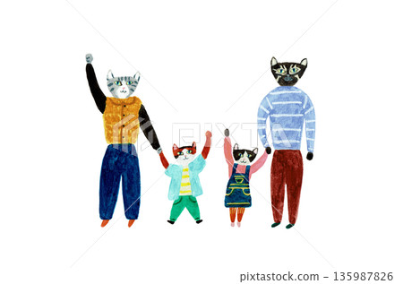 手繪插圖，描繪了一家貓守護著孩子們成長的場景。 135987826