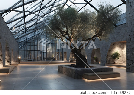 Modern atrium with central olive tree, glass roof, stone benches, soft daylight, serene atmosphere, high end architecture, 8k resolution 135989282