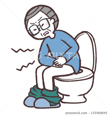 圖：一位老年男子坐在馬桶上，腹痛難耐。 135989645