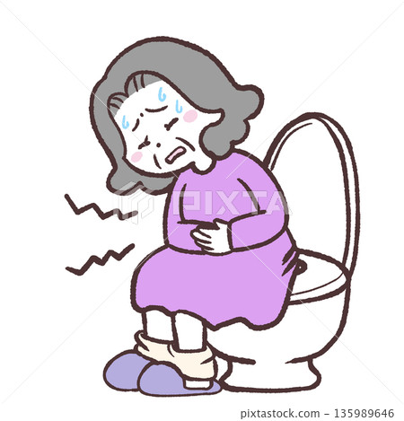 Illustration of a senior woman sitting on the toilet with stomach pain Illustration of a senior woman sitting on the toilet with stomach pain 135989646