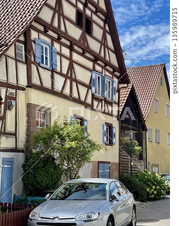Half timbered houses lining street in vaihingen an der enz Half timbered houses lining street in vaihingen an der enz 135989715