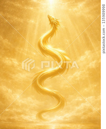 A golden dragon rising from a golden cloud - a symbol of abundance and prosperity 135989998