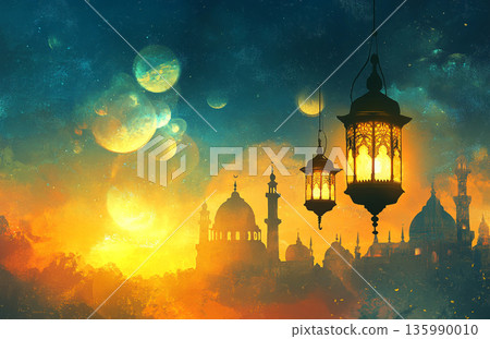Image for Ramadan, featuring a glowing lantern and a mosque silhouette under a crescent moon, creating a serene, spiritual atmosphere. 135990010