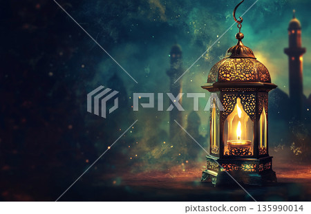 Image for Ramadan, featuring a glowing lantern and a mosque silhouette under a crescent moon, creating a serene, spiritual atmosphere. 135990014