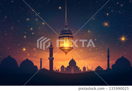 Image for Ramadan, featuring a glowing lantern and a mosque silhouette under a crescent moon, creating a serene, spiritual atmosphere. Image for Ramadan, featuring a glowing lantern and a mosque silhouette under a crescent moon, creating a serene, spiritual atmosphere. 135990025