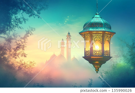 Image for Ramadan, featuring a glowing lantern and a mosque silhouette under a crescent moon, creating a serene, spiritual atmosphere. 135990026