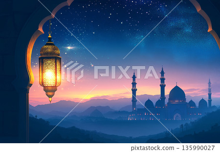 Image for Ramadan, featuring a glowing lantern and a mosque silhouette under a crescent moon, creating a serene, spiritual atmosphere. Image for Ramadan, featuring a glowing lantern and a mosque silhouette under a crescent moon, creating a serene, spiritual atmosphere. 135990027