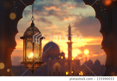 Image for Ramadan, featuring a glowing lantern and a mosque silhouette under a crescent moon, creating a serene, spiritual atmosphere. Image for Ramadan, featuring a glowing lantern and a mosque silhouette under a crescent moon, creating a serene, spiritual atmosphere. 135990033