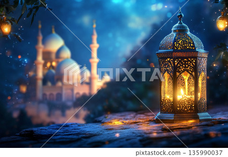 Image for Ramadan, featuring a glowing lantern and a mosque silhouette under a crescent moon, creating a serene, spiritual atmosphere. 135990037
