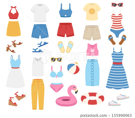 Summer clothing collection. Summer holiday elements. Flat-style vector illustration Summer clothing collection. Summer holiday elements. Flat-style vector illustration 135990063