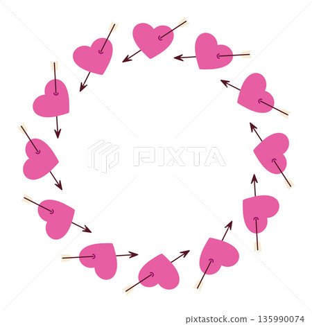 Round frame with a heart pierced by an arrow. Isolated white background. Flat-style vector illustration 135990074