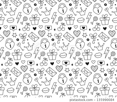 Simple doodle pattern. Valentine's Day elements. Isolated white background. Vector illustration 135990084