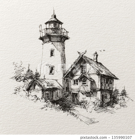 A detailed black and white ink sketch of a tall, rustic lighthouse-style building with stairs, windows, and chimneys on textured paper. 135990107