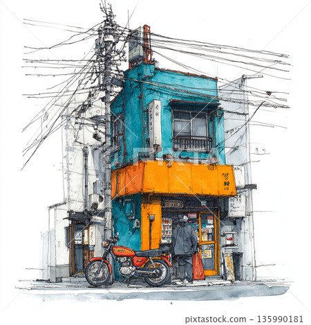 A charming watercolor and ink sketch of a cluttered corner shop with messy power lines, a red scooter, and a person standing outside. 135990181