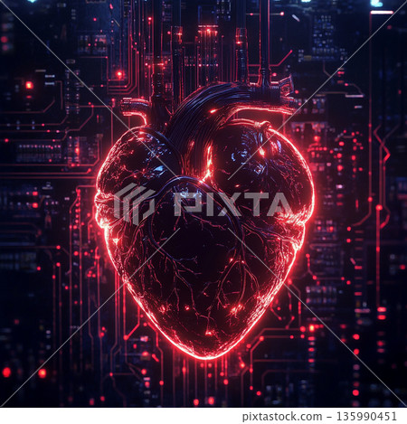 A futuristic, mechanical heart with glowing red veins, surrounded by wires and electronic components, symbolizing a blend of technology and biology. A futuristic, mechanical heart with glowing red veins, surrounded by wires and electronic components, symbolizing a blend of technology and biology. 135990451