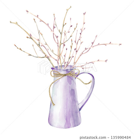 A delicate composition of a white jug tied with twine, with leafless branches. Watercolor illustration on an isolated background. A spring clipart of seasonal home decor for decorating spring themes A delicate composition of a white jug tied with twine, with leafless branches. Watercolor illustration on an isolated background. A spring clipart of seasonal home decor for decorating spring themes 135990484