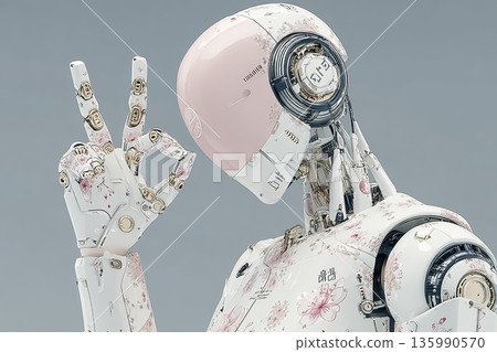 賽博格女性做出OK手勢 | 人工智慧插畫，展現未來科技與安全感 135990570