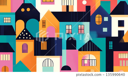A colorful drawing of houses stacked each other with high density with a blue sky in the background 135990640