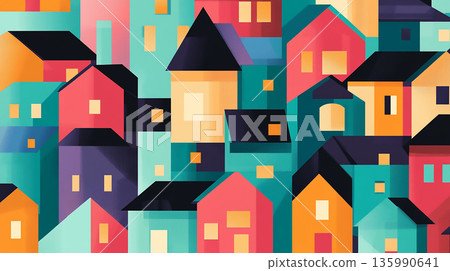 A colorful drawing of houses stacked each other with high density with a blue sky in the background 135990641