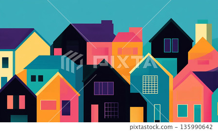 A colorful drawing of houses stacked each other with high density with a blue sky in the background 135990642