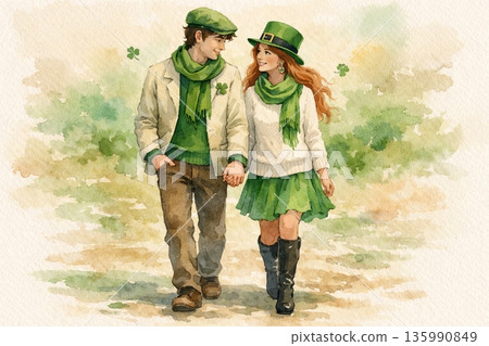 Watercolor couple celebrating st patricks day in green attire, walking hand in hand on a scenic path. concept of festive holiday, irish tradition, joyful celebration. Watercolor couple celebrating st patricks day in green attire, walking hand in hand on a scenic path. concept of festive holiday, irish tradition, joyful celebration. 135990849