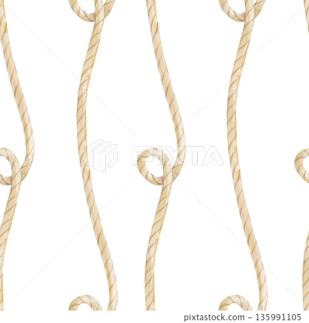 Vertical seamless pattern with hand-drawn jute rope. Watercolor illustration on an isolated background. Beige twine with loops. Background for the design of marine, construction and fishing themes. 135991105