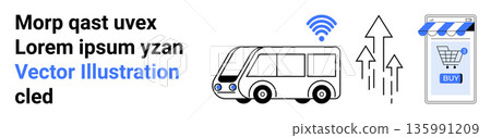 Smart cities, digital commerce, internet connectivity, public transport, ecommerce, technology. Graphic of a connected bus and digital storefront. Smart cities and digital commerce concept Smart cities, digital commerce, internet connectivity, public transport, ecommerce, technology. Graphic of a connected bus and digital storefront. Smart cities and digital commerce concept 135991209