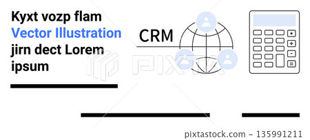 Business management, customer relations, networking, data analysis, finance, technology. Diagram with CRM connections, people icons and a calculator. Business management and customer relations 135991211