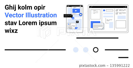Web development, UI design, digital communication, technology, app interfaces, user experience. Interface on mobile and desktop screens. Web development and UI design concept Web development, UI design, digital communication, technology, app interfaces, user experience. Interface on mobile and desktop screens. Web development and UI design concept 135991222