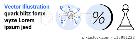 Business strategy, global networking, percentage, financial growth, analytics, competition. global connections, percentage sign and chess strategy piece. Business strategy and global networking 135991228