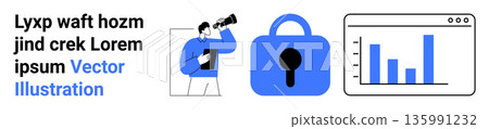 Cybersecurity, data analytics, business strategy, privacy protection, online security, market research. A lock, a bar graph and a person with a telescope. Cybersecurity and data analytics concept 135991232