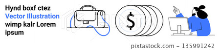 Finance, business planning, wealth management, digital transactions, economic concepts, work lifestyle. Briefcase, coins person at a computer. Finance and business planning concepts Finance, business planning, wealth management, digital transactions, economic concepts, work lifestyle. Briefcase, coins person at a computer. Finance and business planning concepts 135991242