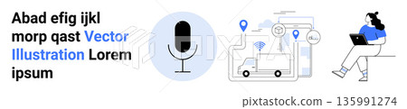 Voice interaction, logistics tracking, remote work, automation, technology, digital tools. A microphone icon, delivery route map and a person using a laptop. Voice interaction and logistics tracking Voice interaction, logistics tracking, remote work, automation, technology, digital tools. A microphone icon, delivery route map and a person using a laptop. Voice interaction and logistics tracking 135991274