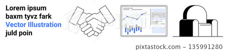 Business strategy, partnership, data analysis, security, finance, and communication. Handshake, data charts and padlock visuals. Business strategy and partnership concepts showcased clearly 135991280