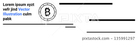 Cryptocurrency, blockchain, digital payments, financial technology, online transactions, token economy. Bitcoin coin symbol next to text and horizontal lines. Cryptocurrency and blockchain concept Cryptocurrency, blockchain, digital payments, financial technology, online transactions, token economy. Bitcoin coin symbol next to text and horizontal lines. Cryptocurrency and blockchain concept 135991297