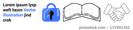 Cybersecurity, education, business agreements, trust, online safety, teamwork. Blue lock icon, open book and handshake graphic. Cybersecurity and education visual concept Cybersecurity, education, business agreements, trust, online safety, teamwork. Blue lock icon, open book and handshake graphic. Cybersecurity and education visual concept 135991302