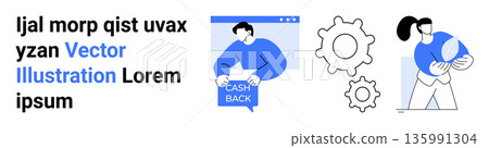 Cashback rewards, automation, teamwork, global interaction, fintech, innovation. A person holding a cashback sign, gear icons and a woman with a globe. Cashback rewards and automation Cashback rewards, automation, teamwork, global interaction, fintech, innovation. A person holding a cashback sign, gear icons and a woman with a globe. Cashback rewards and automation 135991304
