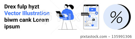 Digital marketing, online communication, social media, data analytics, technology, information sharing. Person with tablet, smartphone screen percentage symbol. Digital communication and data Digital marketing, online communication, social media, data analytics, technology, information sharing. Person with tablet, smartphone screen percentage symbol. Digital communication and data 135991306