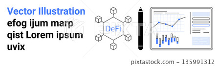 Financial technology, decentralized finance, blockchain, data visualization, analytics, business tools. Network diagram labeled DeFi and a graph dashboard. Decentralized finance and fintech concept Financial technology, decentralized finance, blockchain, data visualization, analytics, business tools. Network diagram labeled DeFi and a graph dashboard. Decentralized finance and fintech concept 135991312